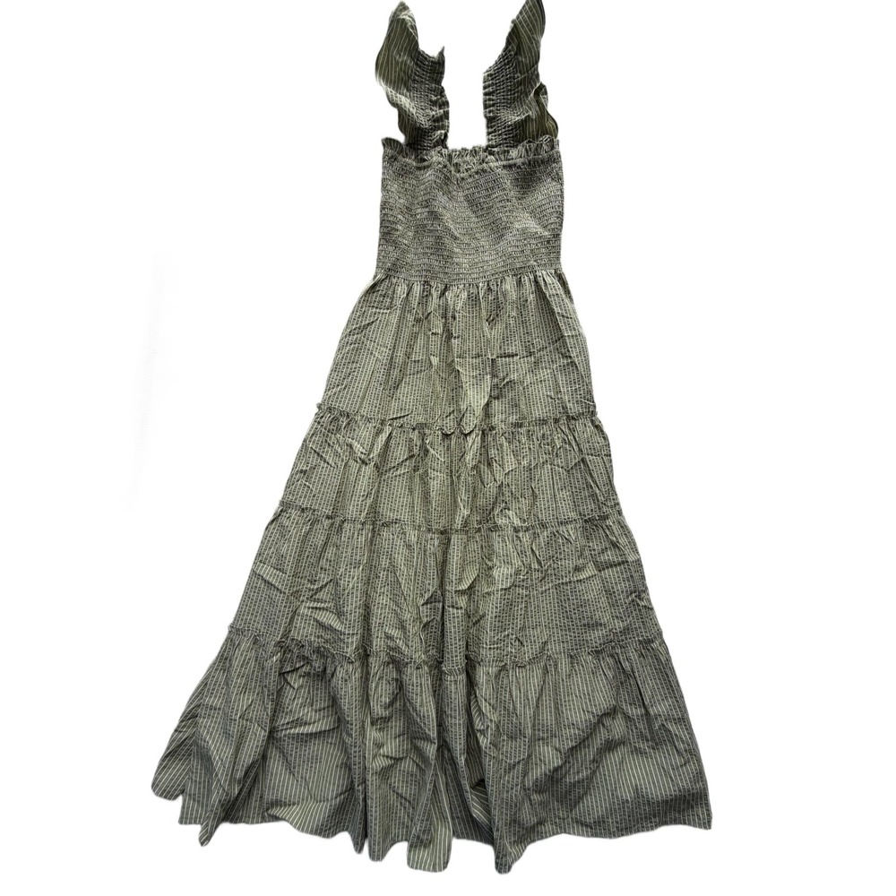 Few Moda Calypso Dress Women's L Green Striped Smocked Tiered Ruffle Maxi NWT